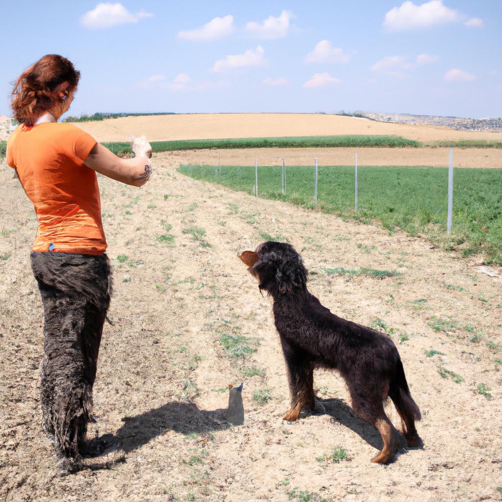 Person training a dog outdoors