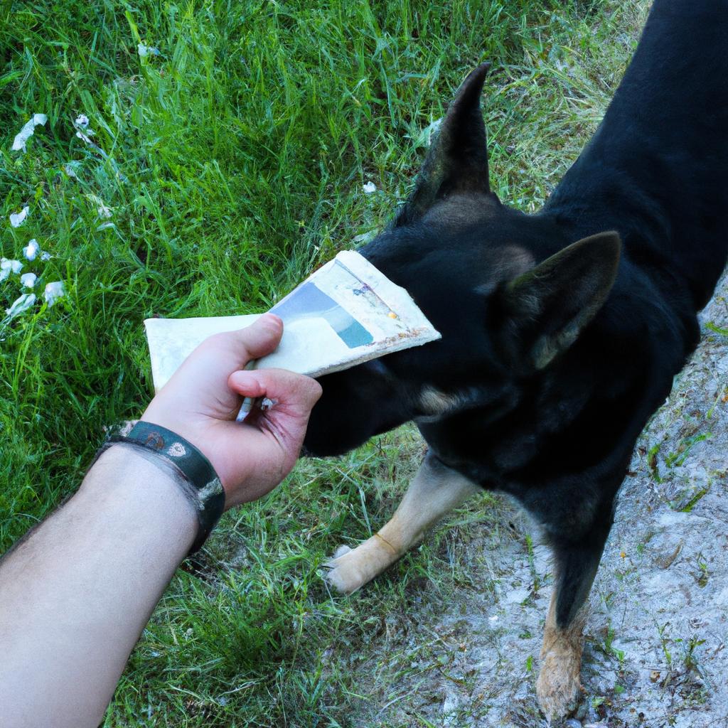 Person holding money, helping dog
