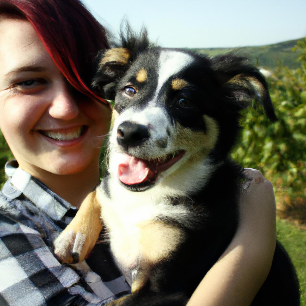 Person holding a dog, smiling